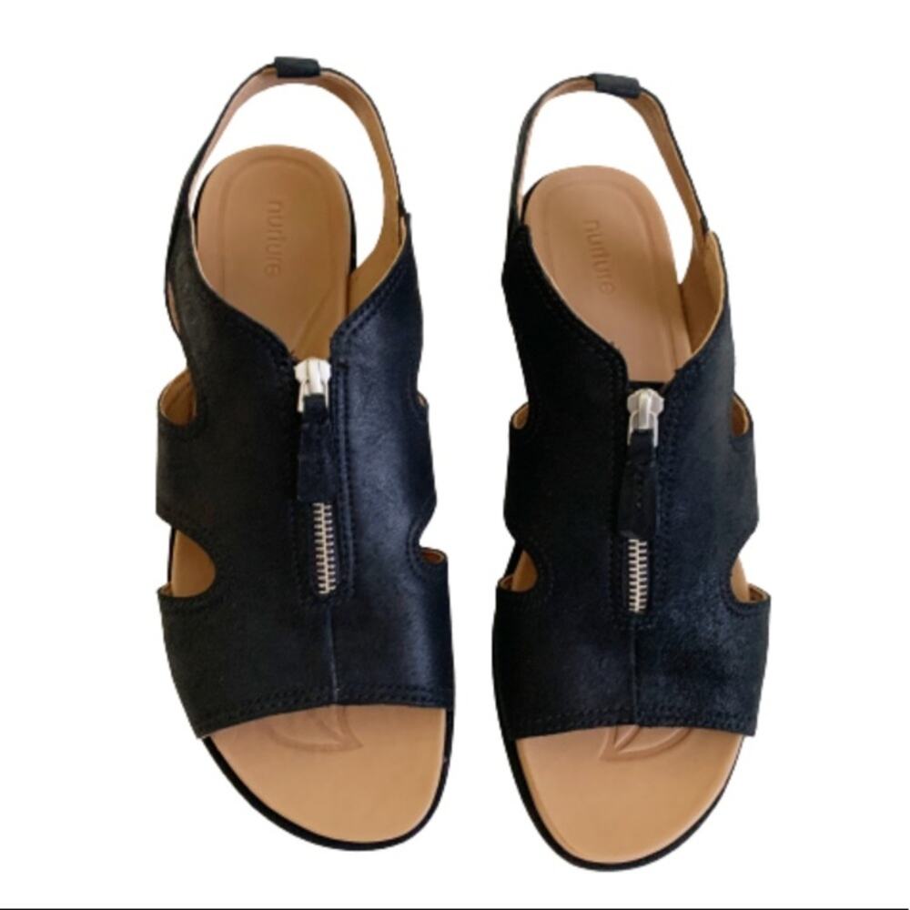 Nurture Wedge Sandal Sersey Black Leather Zipper Wedge Sandals Size 10 NIB - Picture 7 of 11